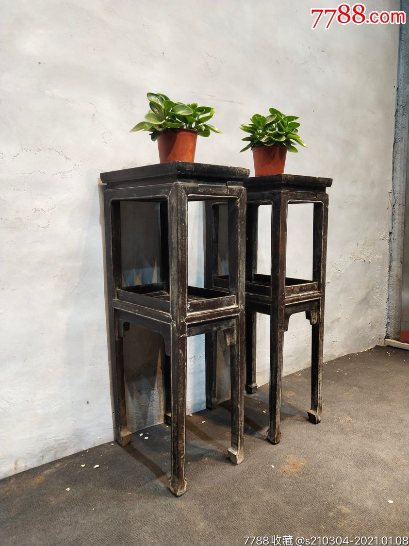 清代老榆木花架一对,纯手工雕刻起线,全品包老无松动,尺寸品相如图-木