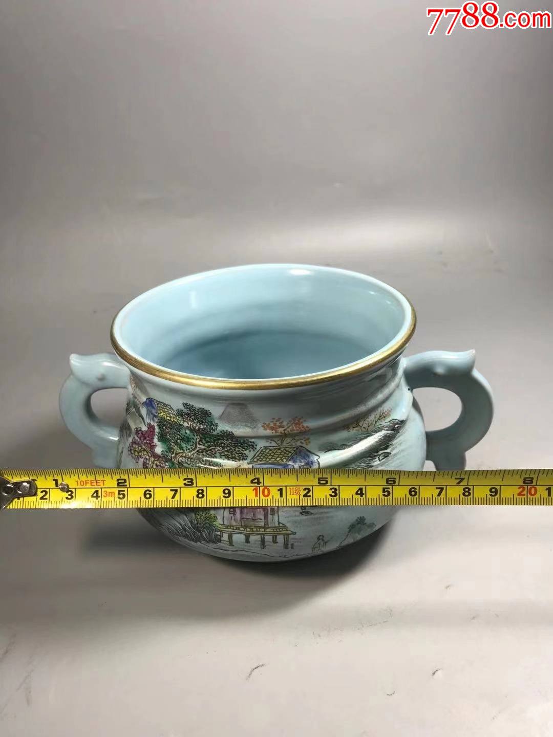 官窑底端政和元年宋徽宗青瓷天青釉精绘山水纹描金双蚰龙耳炉