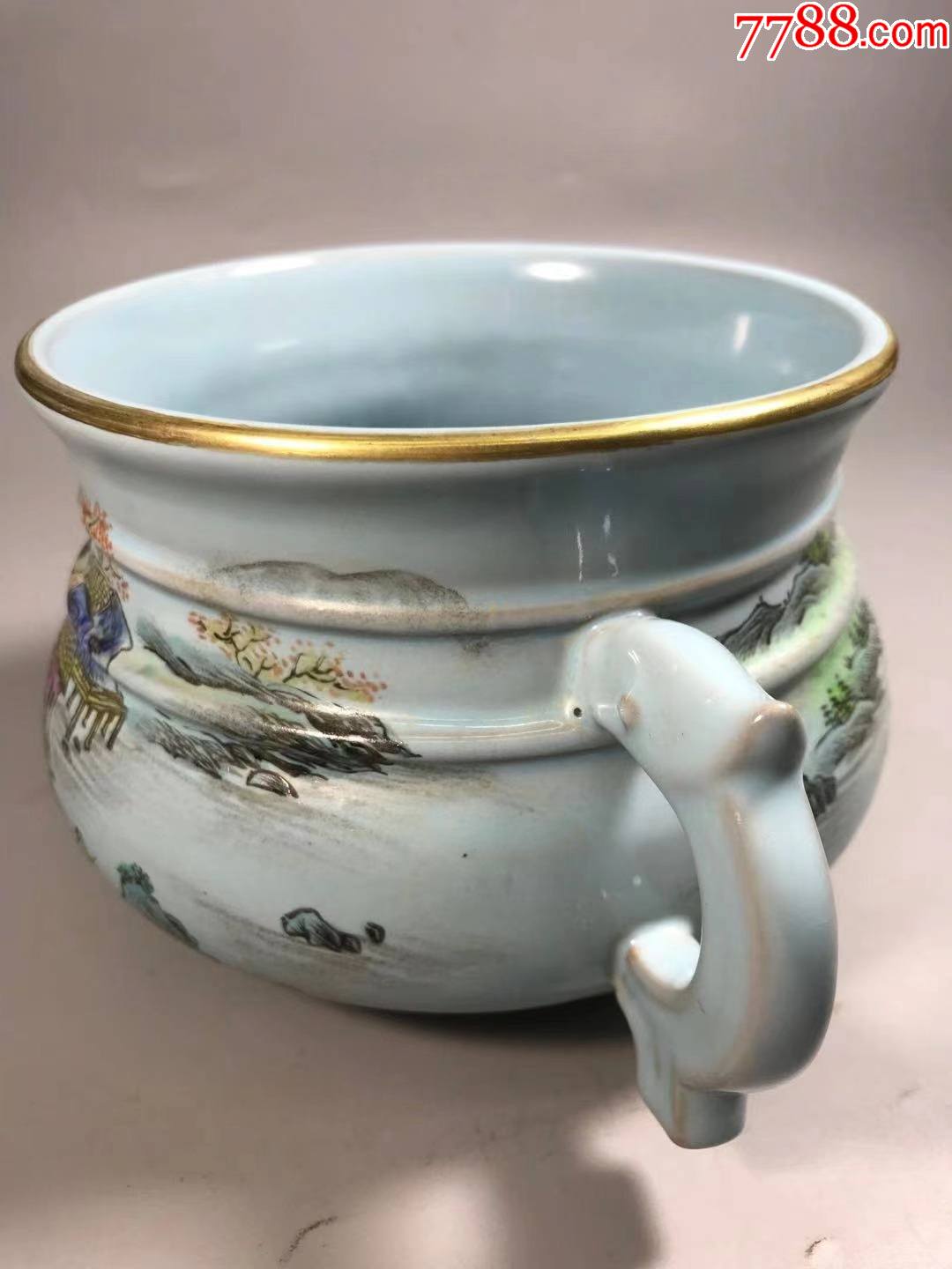 官窑底端政和元年宋徽宗青瓷天青釉精绘山水纹描金双蚰龙耳炉