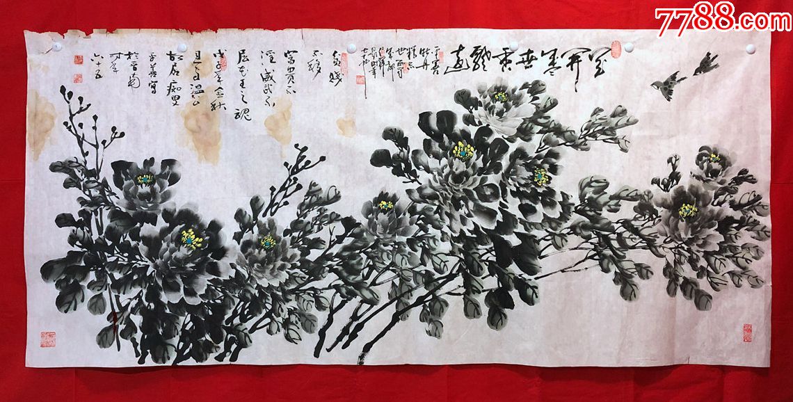 著名畫家【周仁輝,王平善】花鳥畫,牡丹圖,約24平尺_花鳥國畫原作_第1