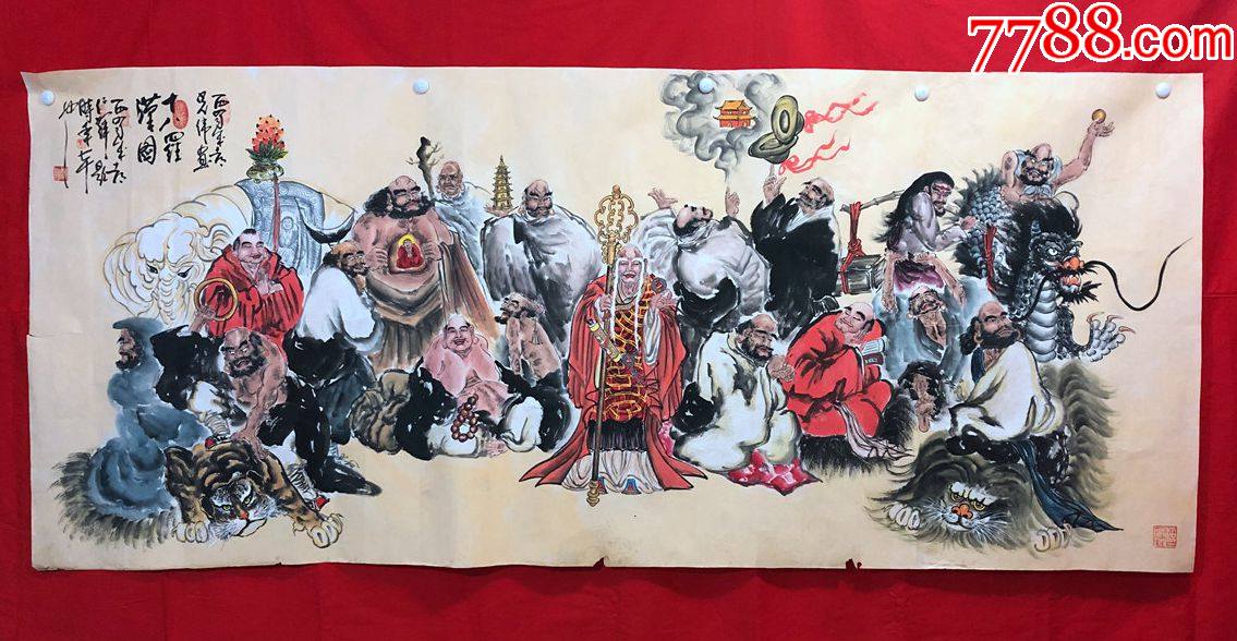 书画10317著名画家周仁辉光伟人物画十八罗汉约22平尺