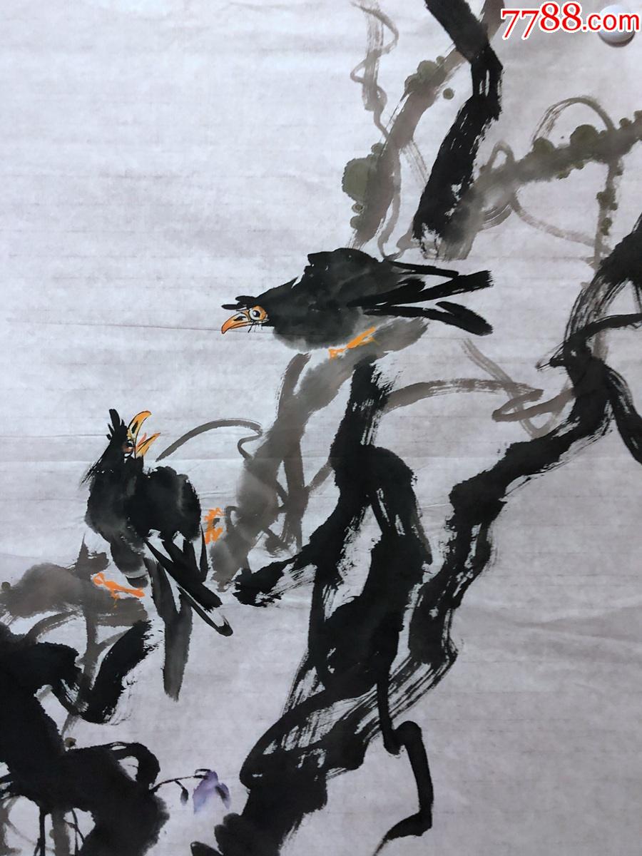 书画10330,著名画家【何俊德】花鸟画,紫藤八哥图