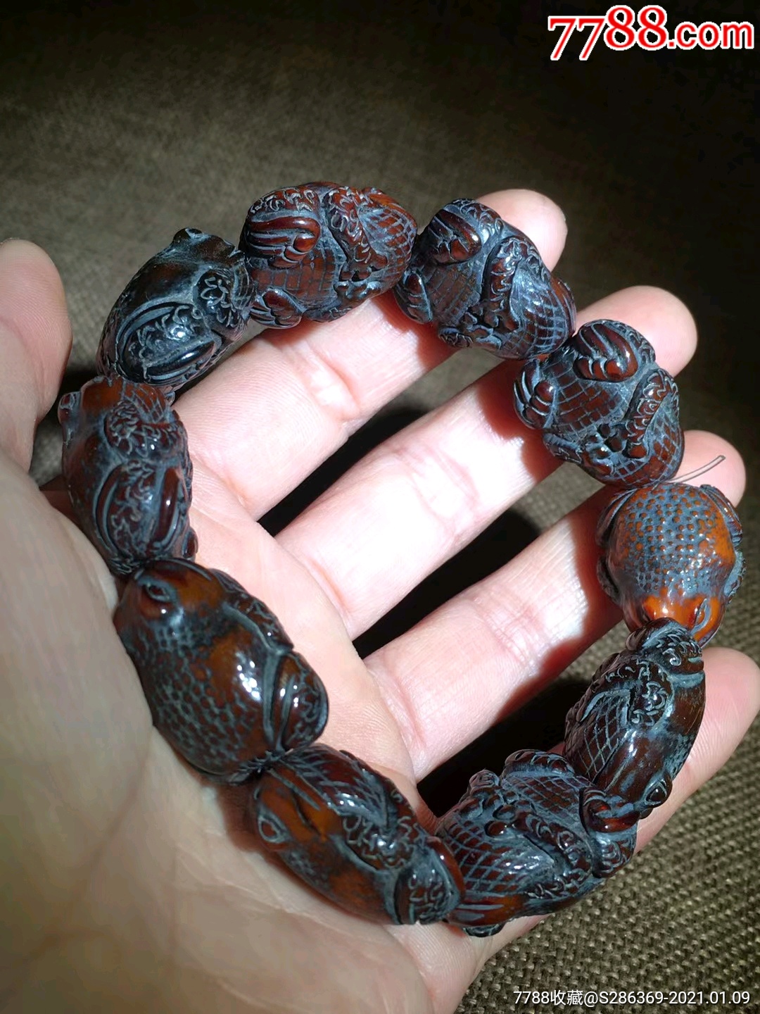 牛角雕刻青蛙"呱呱来财"手链,不议价