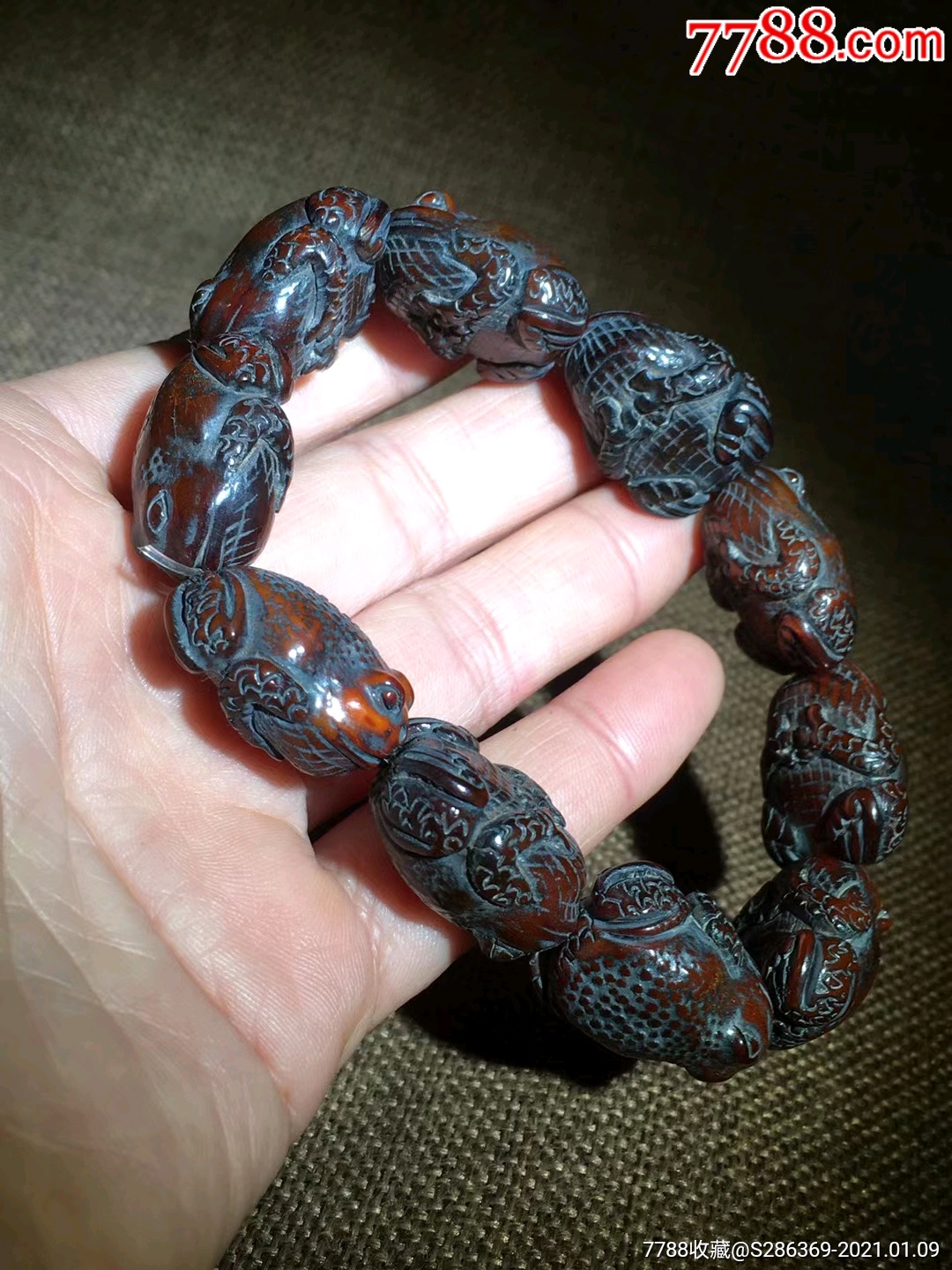 牛角雕刻青蛙"呱呱来财"手链,不议价