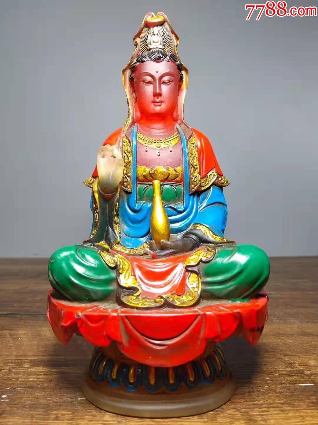 古法琉璃坐莲净瓶观音菩萨摆件