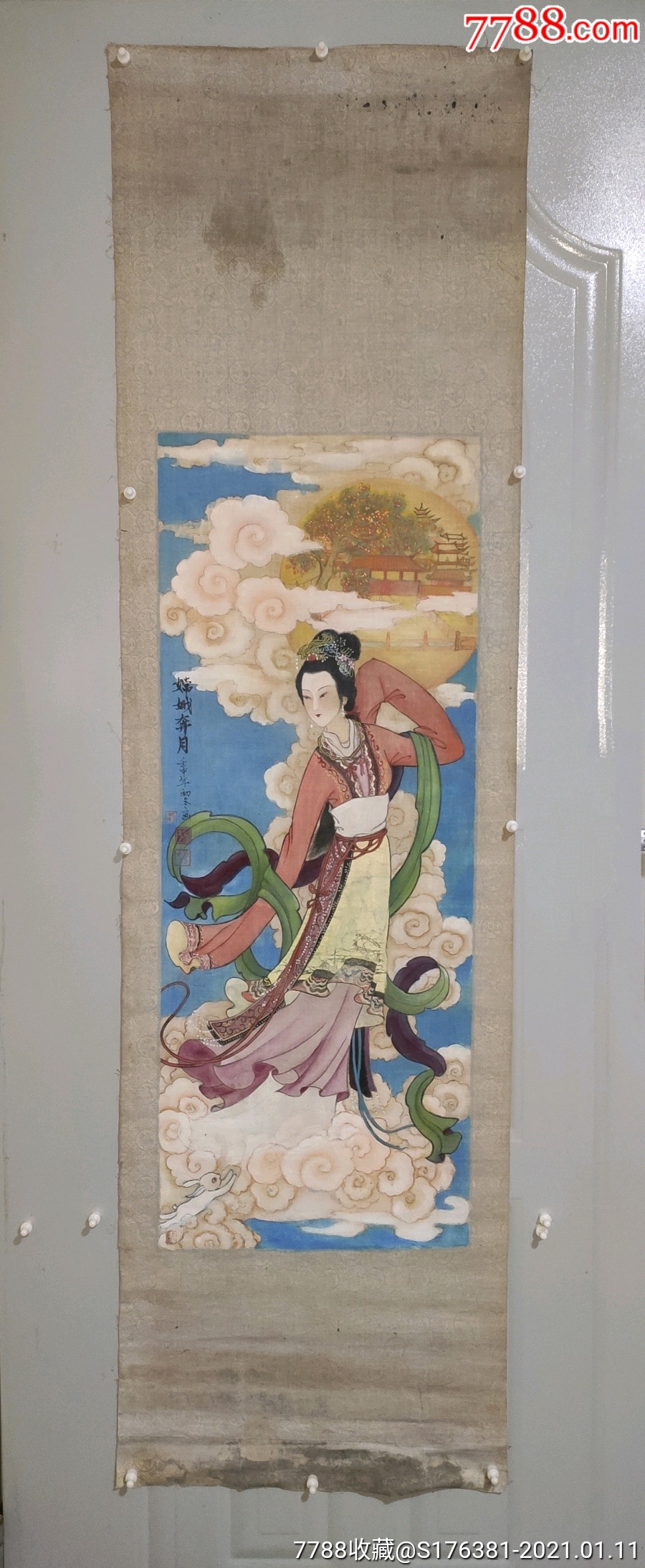 九十年代工笔重彩人物女:嫦娥奔月-人物国画原作-7788发报机