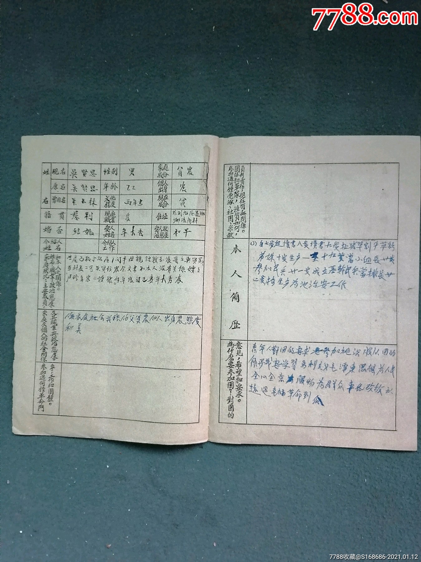 16開1954年毛筆手書申請書2入團志願書團員登記表合售