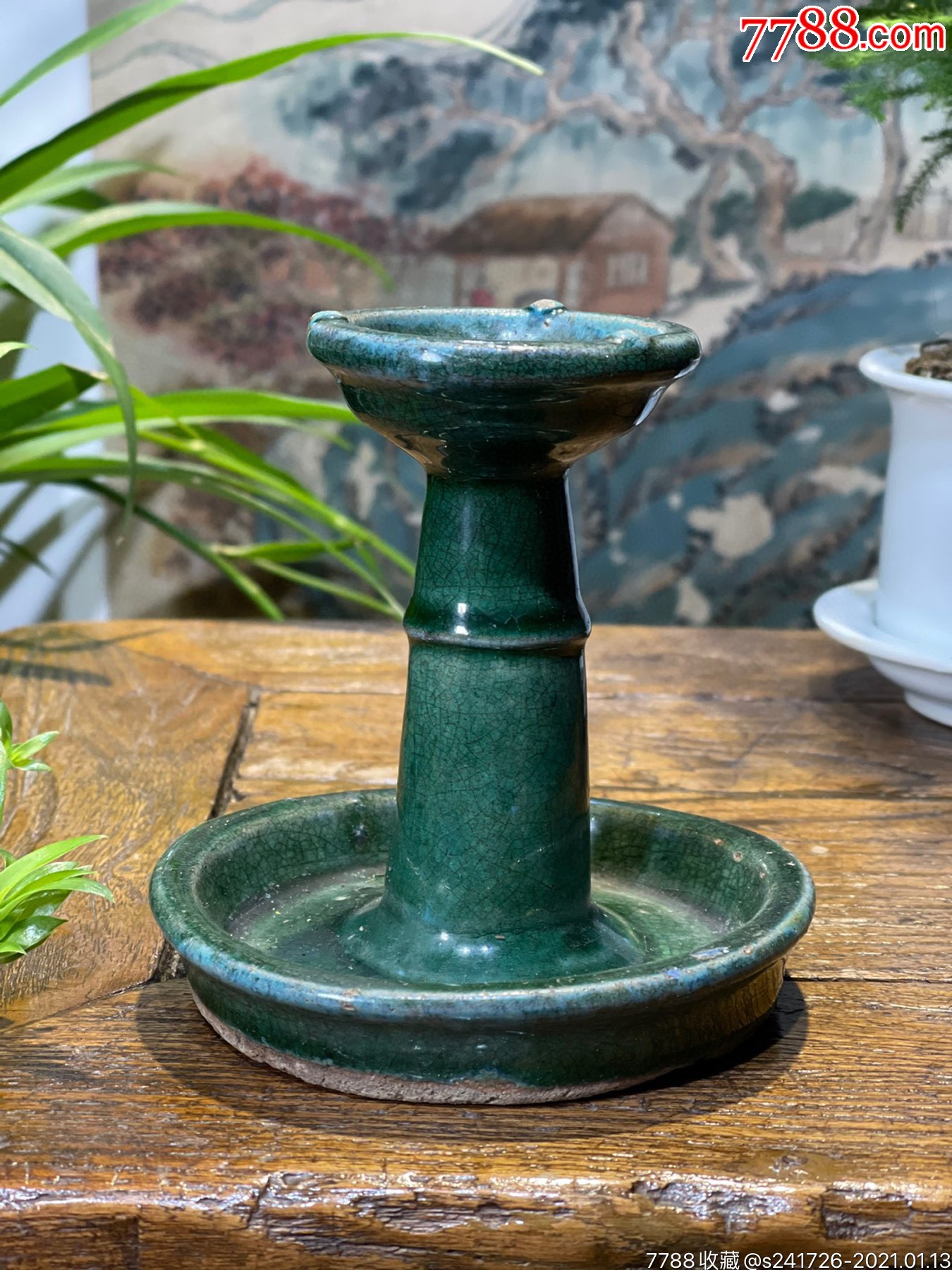 h1043民国石湾窑绿釉小烛台油灯