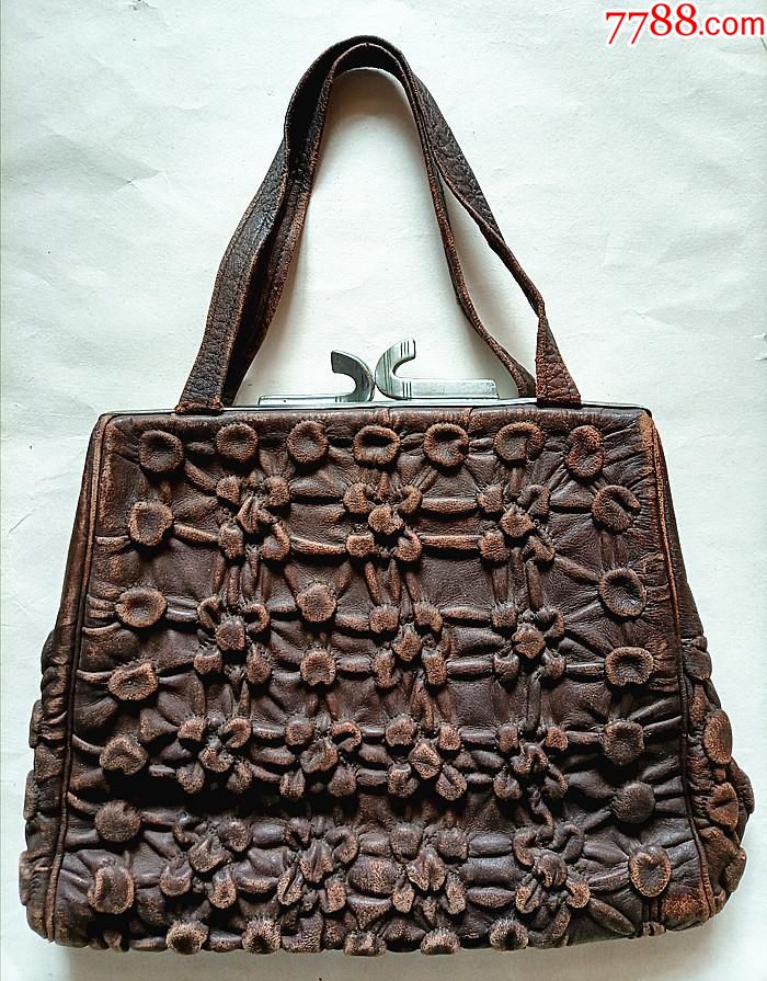 民国老皮包上海五丰皮革制物厂五蜂牌羊皮压花女式手提包