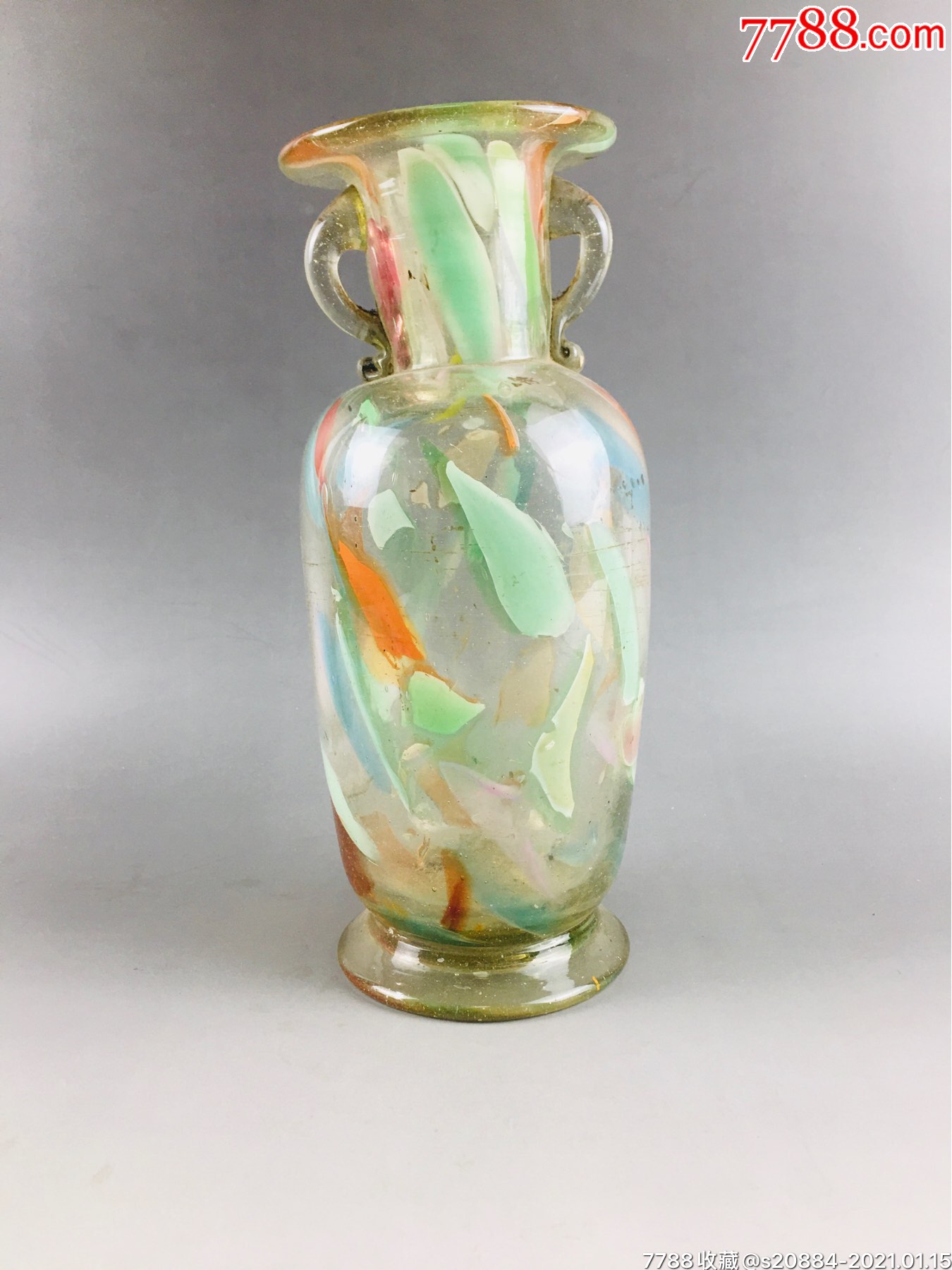 清代琉璃五彩祥云双耳花瓶_玻璃器皿_图片鉴赏_收藏价格_7788铜器收藏