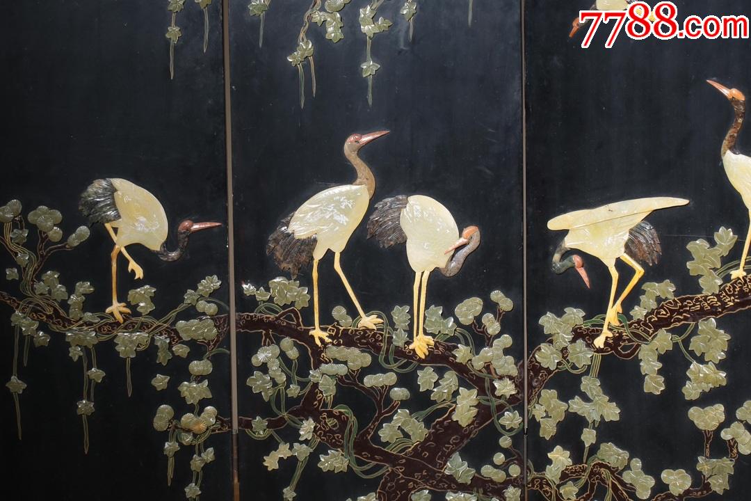 海外回流,木胎黑漆螺钿玉石鹤纹屏风-其他旧漆器-7788股票收藏