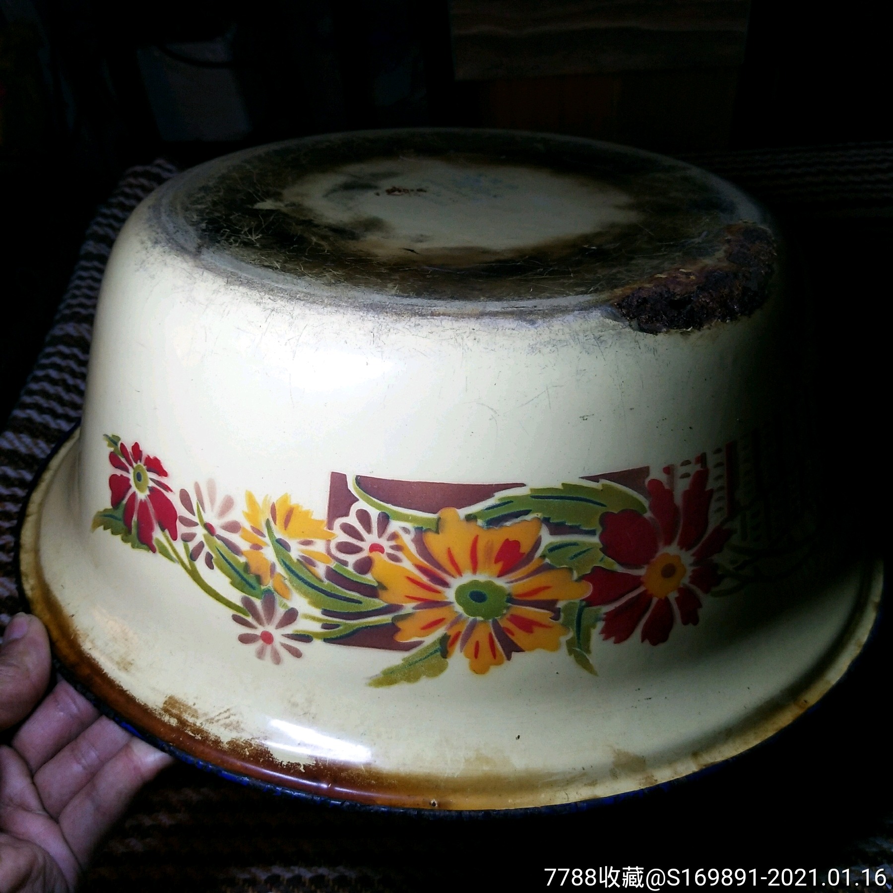 50年代老搪瓷盆,松鹤延年搪瓷盆