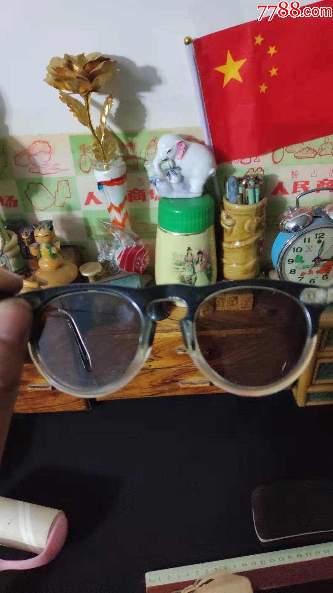 上世纪50-60年代老式茶色镜片水镜眼镜一套民俗老物品.