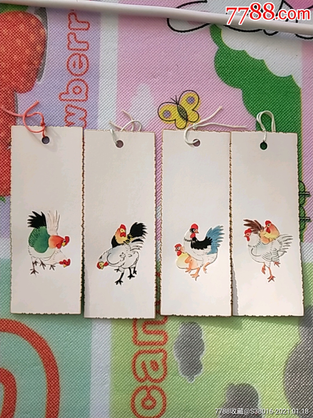 50年代通草书签双鸡图四枚