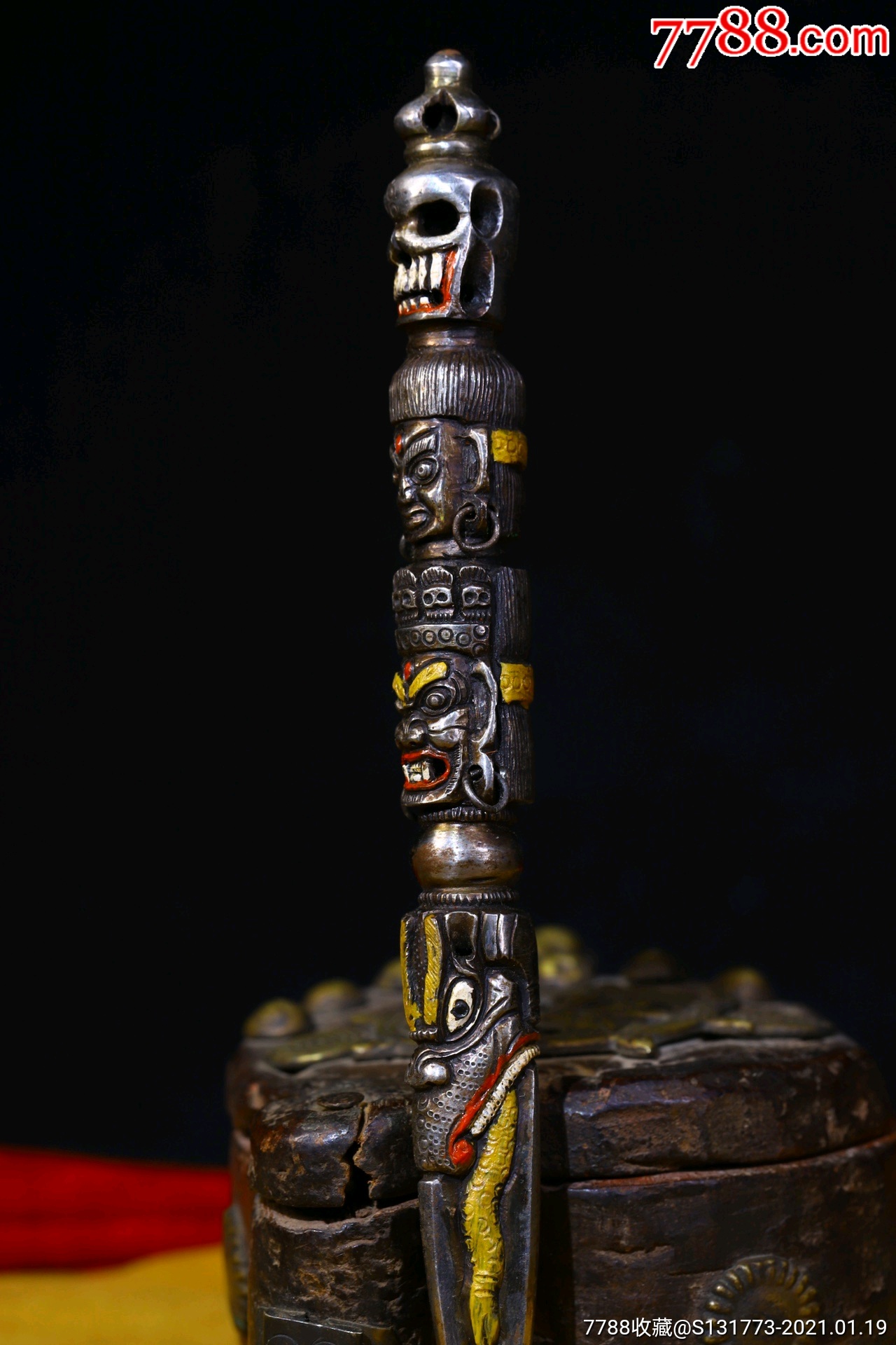 藏地天铁金刚降魔杵法器天铁描彩精雕天铁纯手工敲打錾刻描彩老法器高