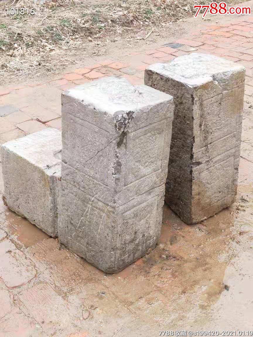 清代青石门枕石一对四面开窗精美雕刻包老