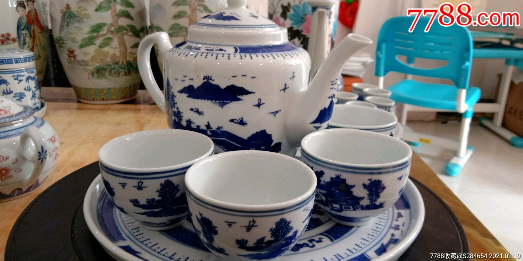 80年代景德镇青花梧桐茶具6件套