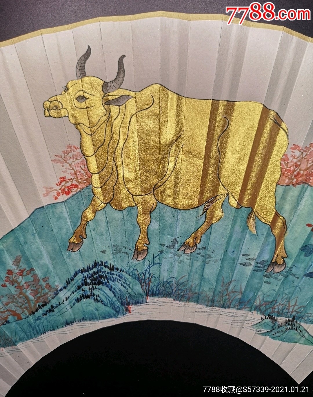 工笔画扇面:《金牛贺岁图》金牛贺岁,财源滚滚