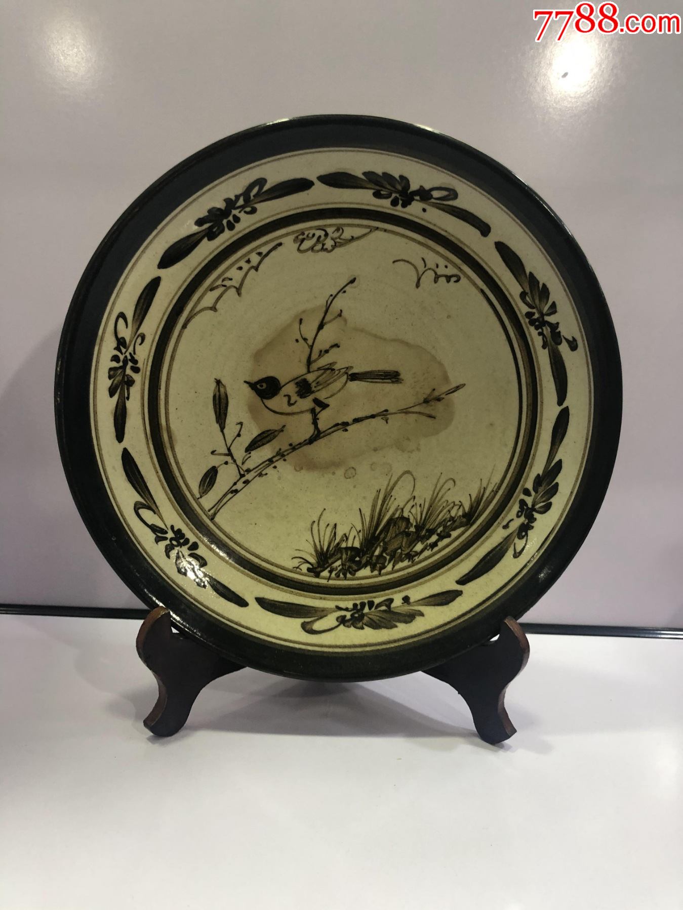 元代磁州窑花卉小鸟大盘_单色白瓷_第1张_7788瓷器