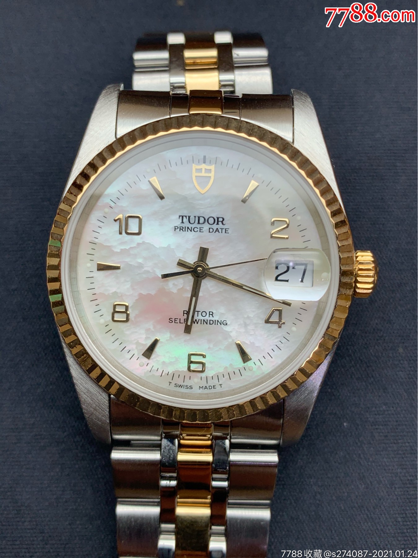 帝舵王子系列74033自动机械男装表,34mm表径,18k金外圈间金表带,罕有