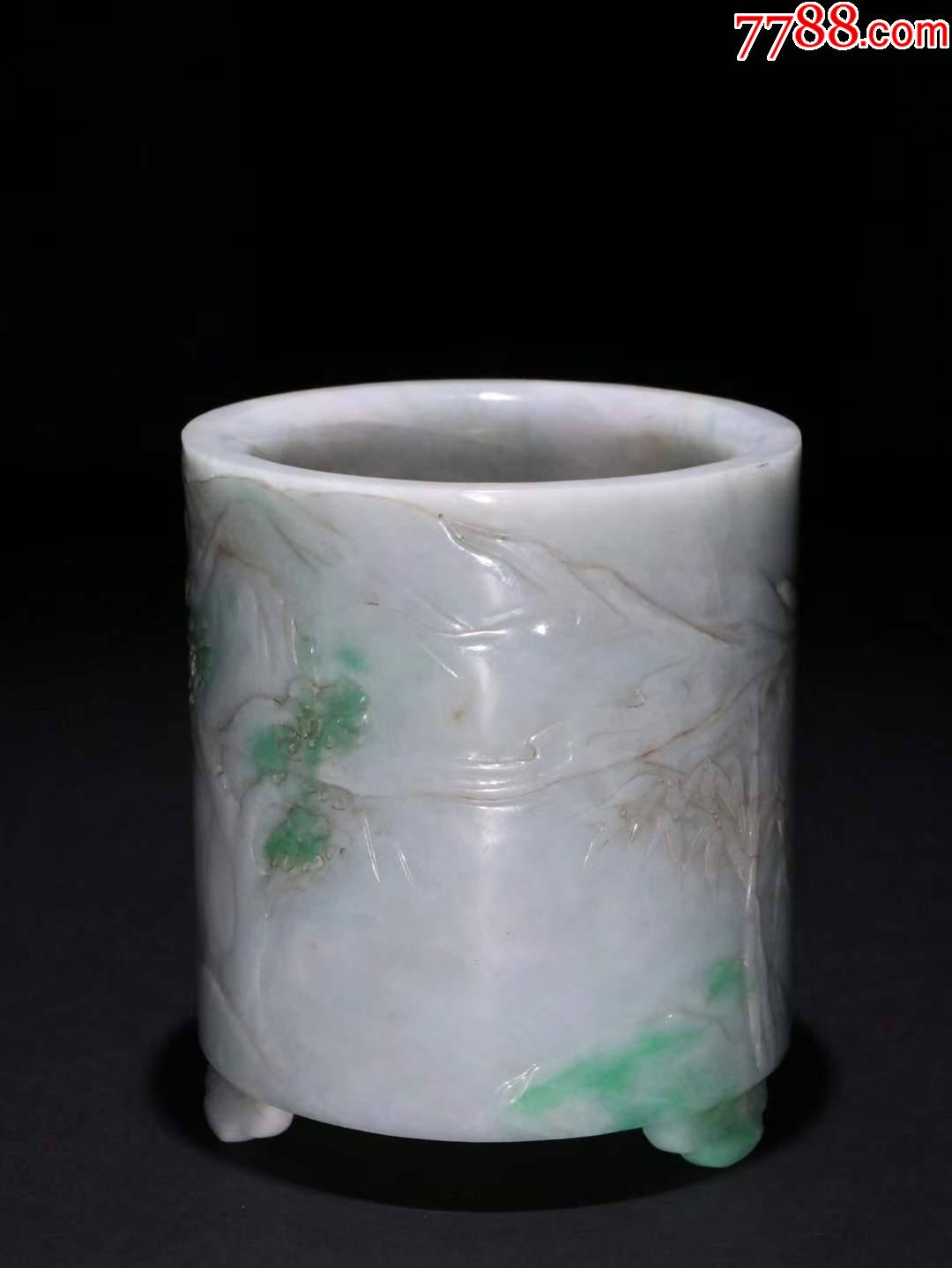 清翡翠雕松竹梅笔筒