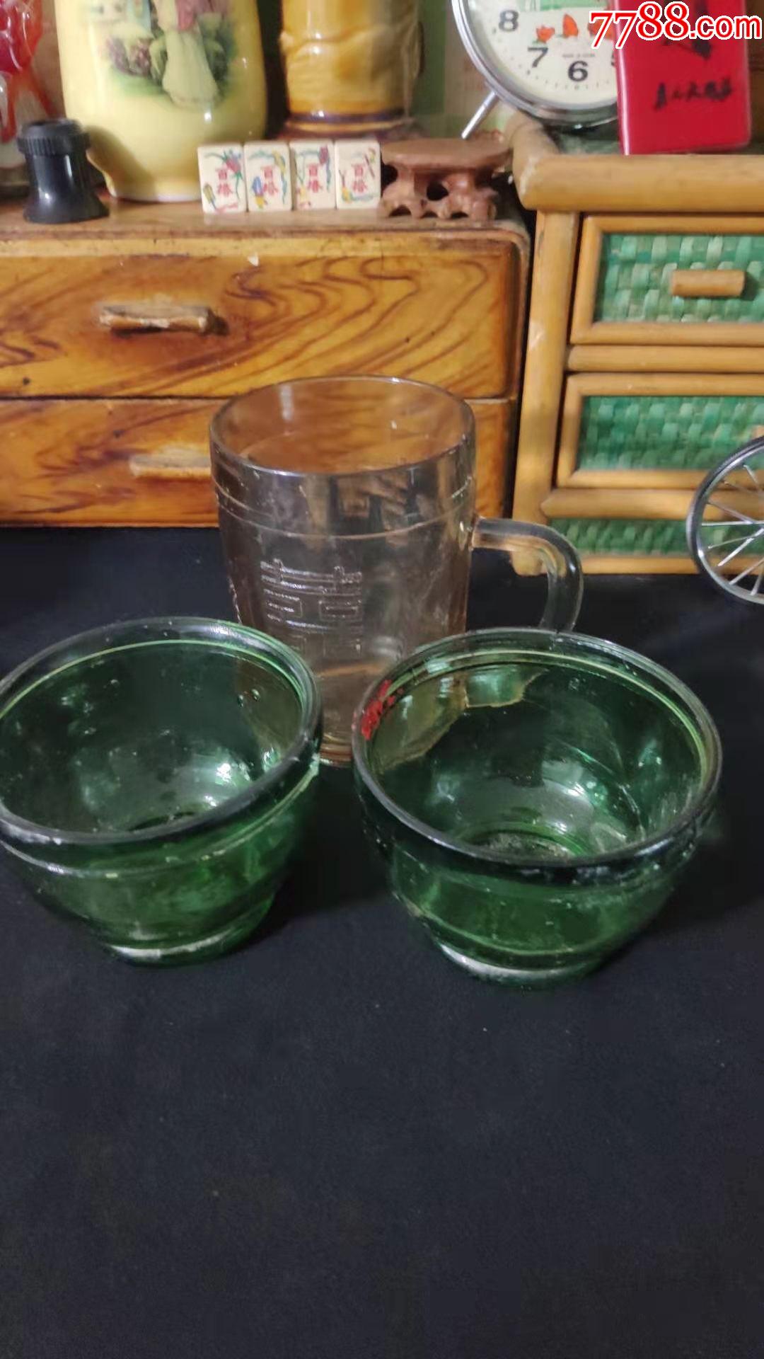 上世纪70-80年代花卉图案厚壁玻璃制老式玻璃杯3只合售民俗老物品.