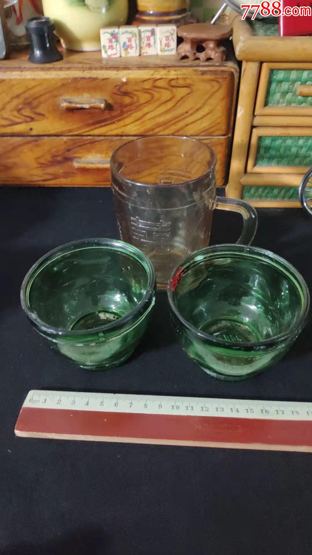 上世纪70-80年代花卉图案厚壁玻璃制老式玻璃杯3只合售民俗老物品.