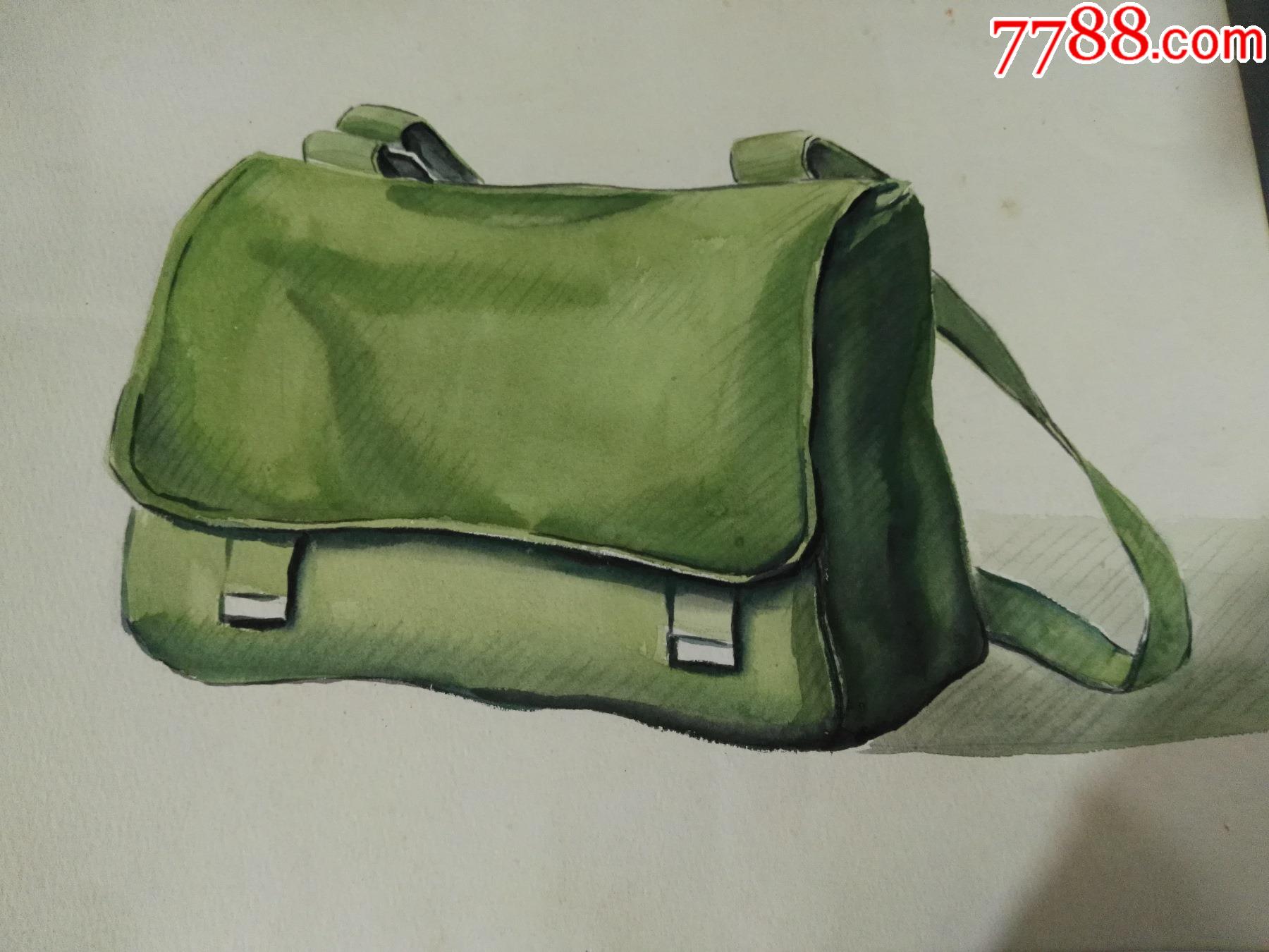 文革知青手绘水彩画绿背包(原稿,非印刷品)_水粉/水彩原画【红色纸品
