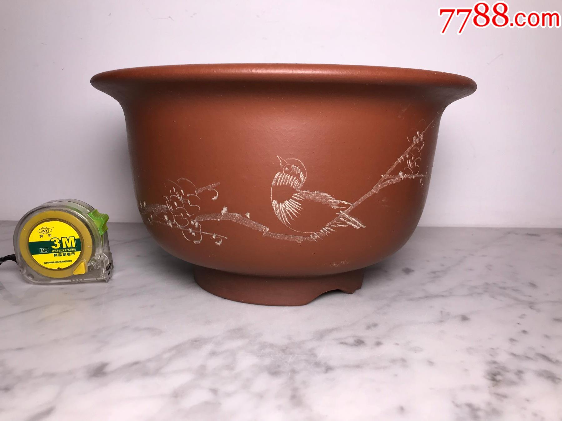 七八十年代石平刻花鸟宜兴紫砂花盆