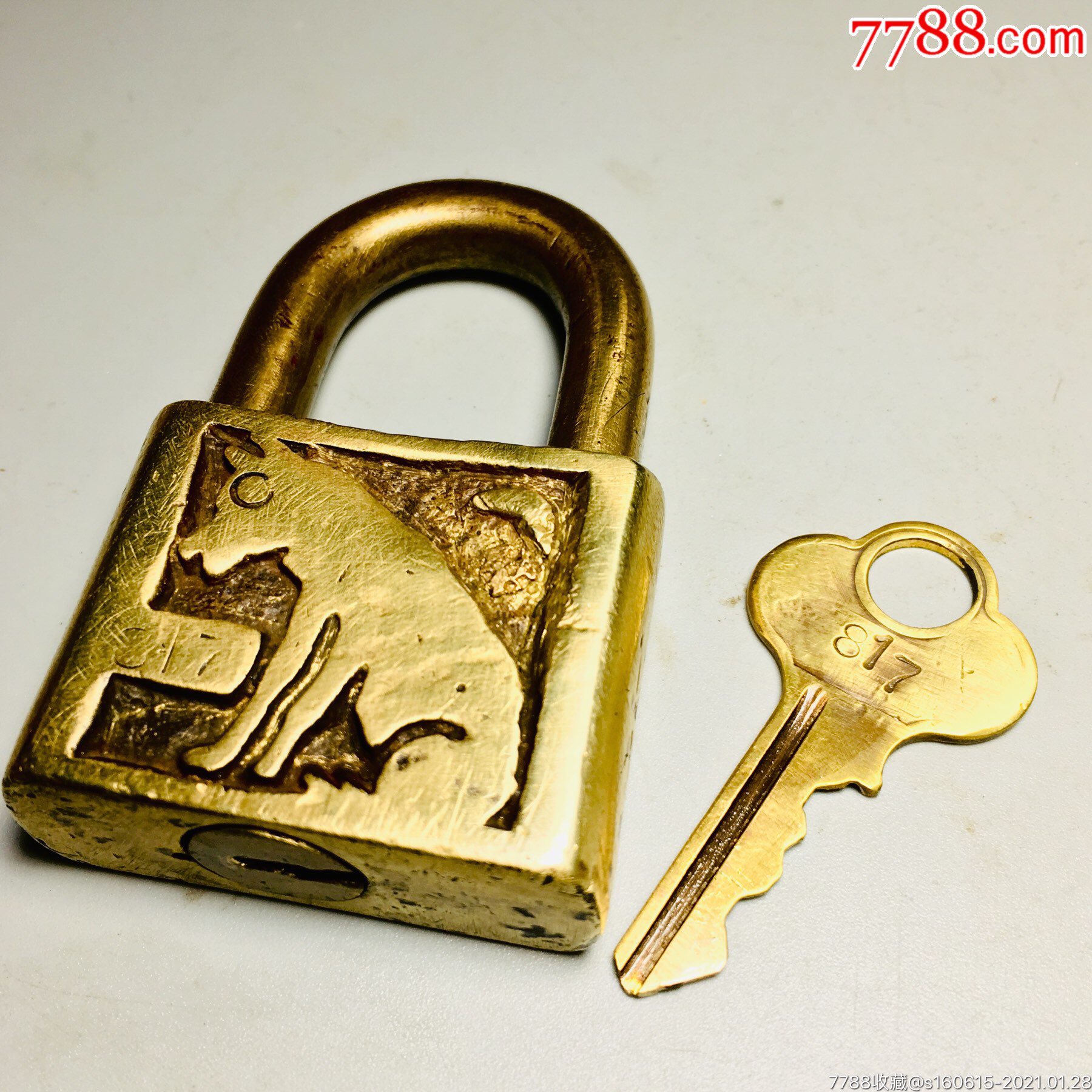 清代民国初年最早期狗狗月亮图案全铜挂锁头老铜锁钥匙收藏古董