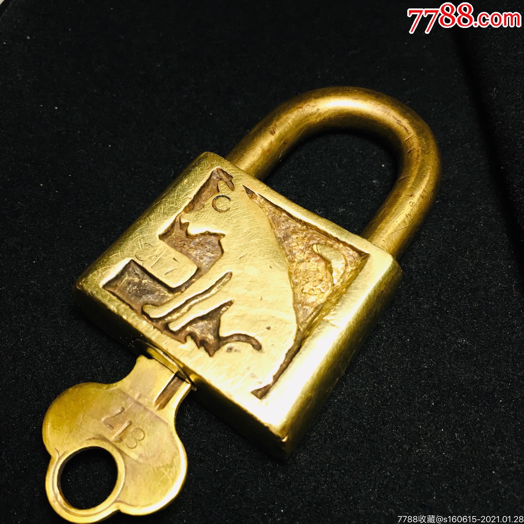 清代民国初年最早期狗狗月亮图案全铜挂锁头老铜锁钥匙收藏古董