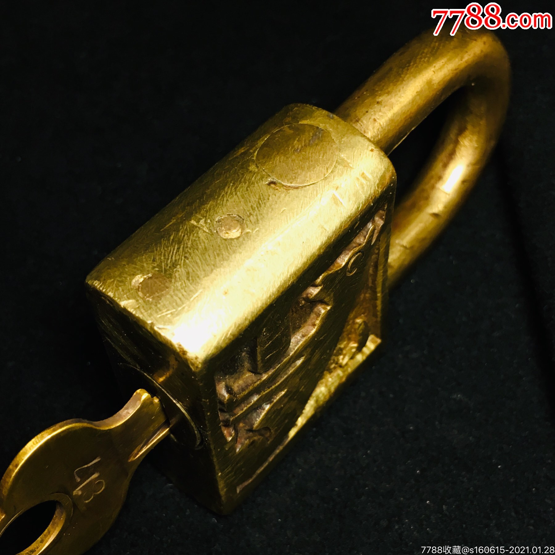 清代民国初年最早期狗狗月亮图案全铜挂锁头老铜锁钥匙收藏古董