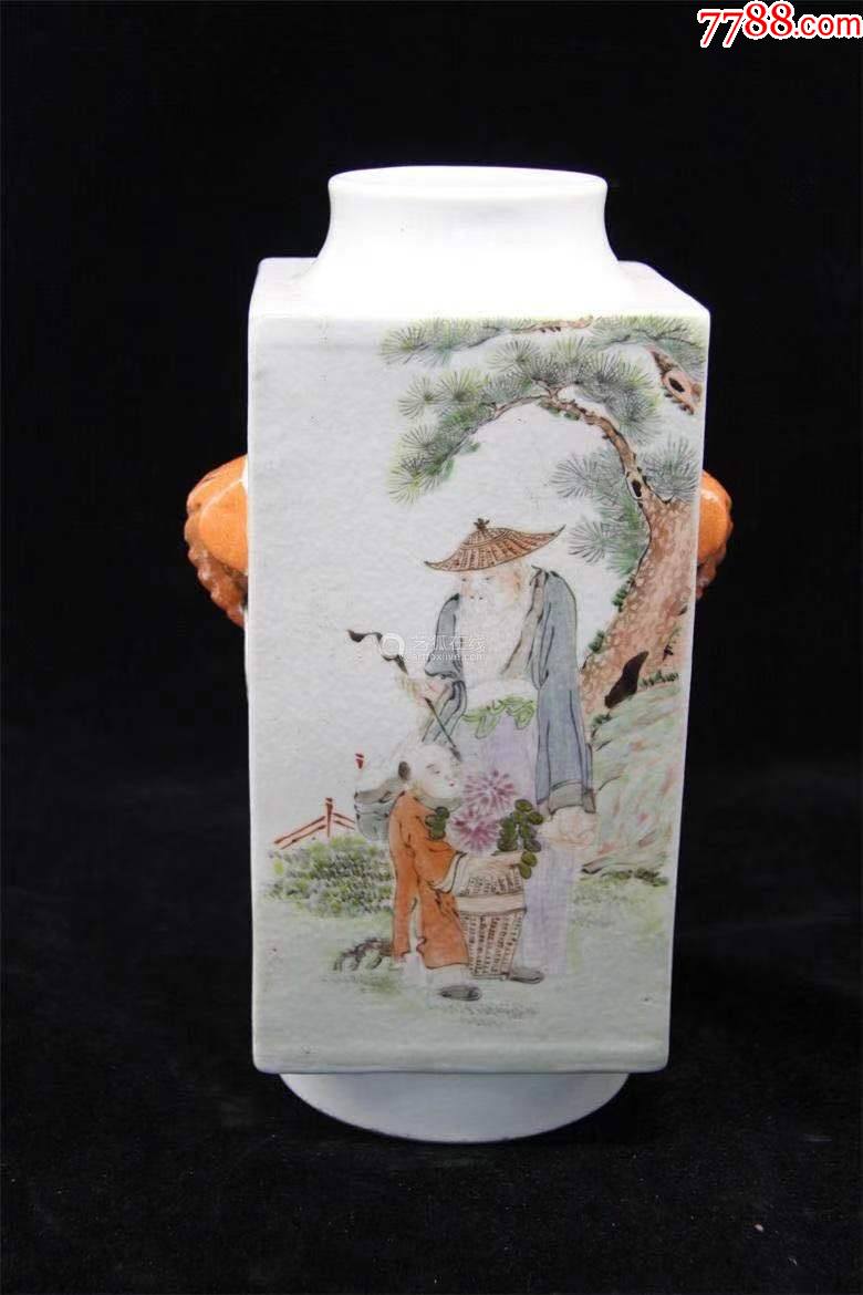 民国汪友棠浅降彩人物故事方瓶