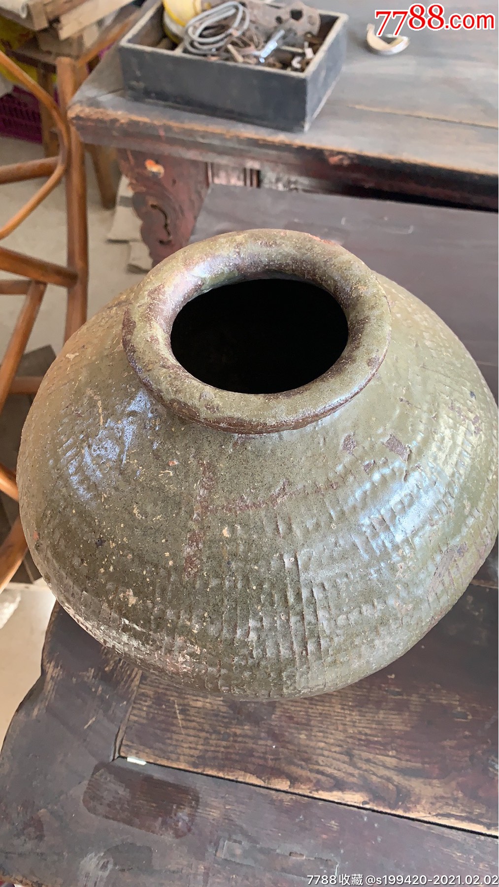 清代绿釉老陶坛.完好无损包老.