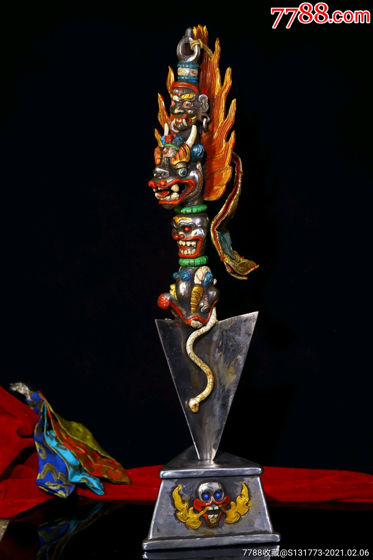 藏地天铁尸陀林降魔金刚杵天铁纯手工敲打錾刻描彩老法器高46㎝宽13㎝