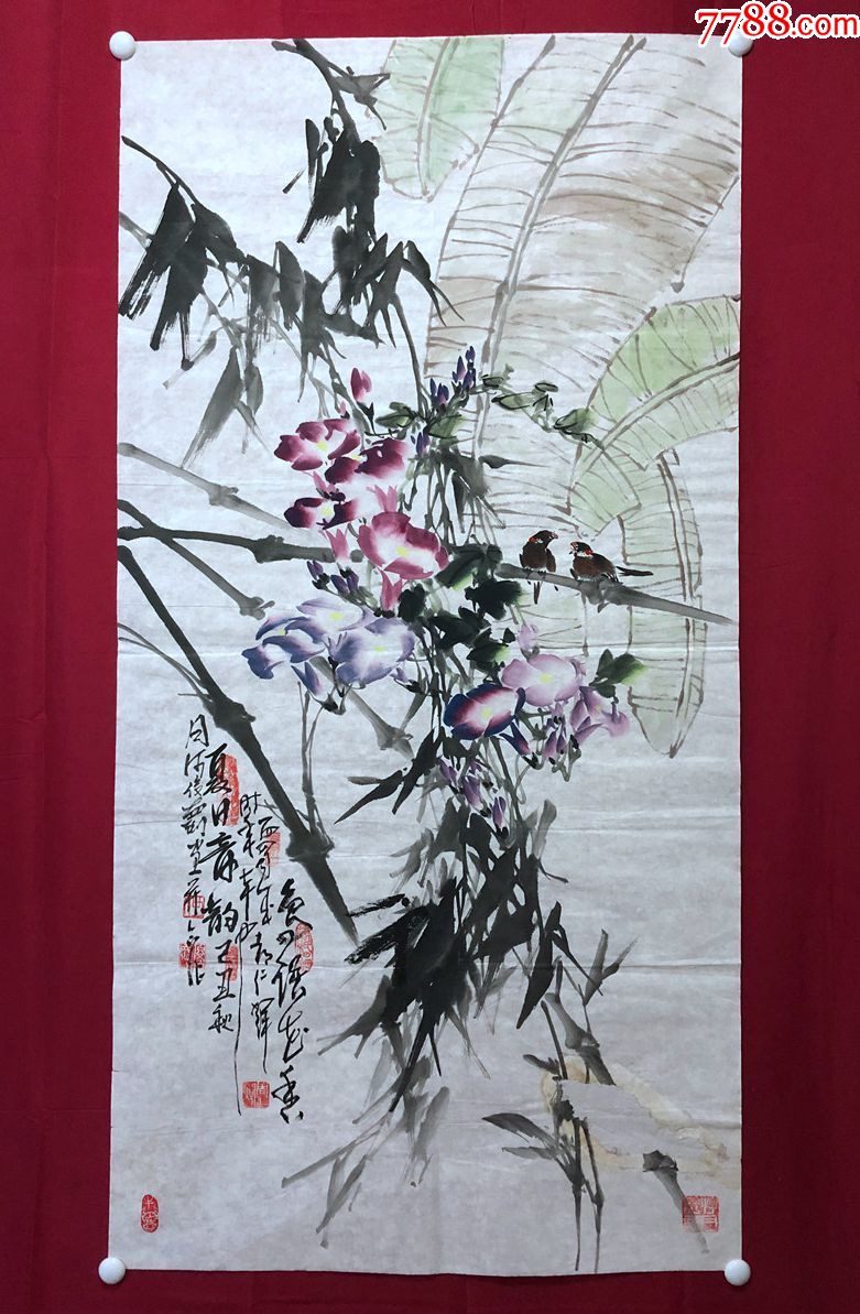 书画10874著名画家周仁辉何俊德花鸟画鸟语花香