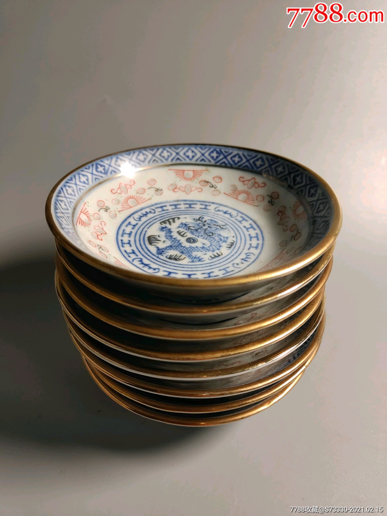 70-80年代,景德镇光明瓷厂青花玲珑斗彩茶碟8块合售
