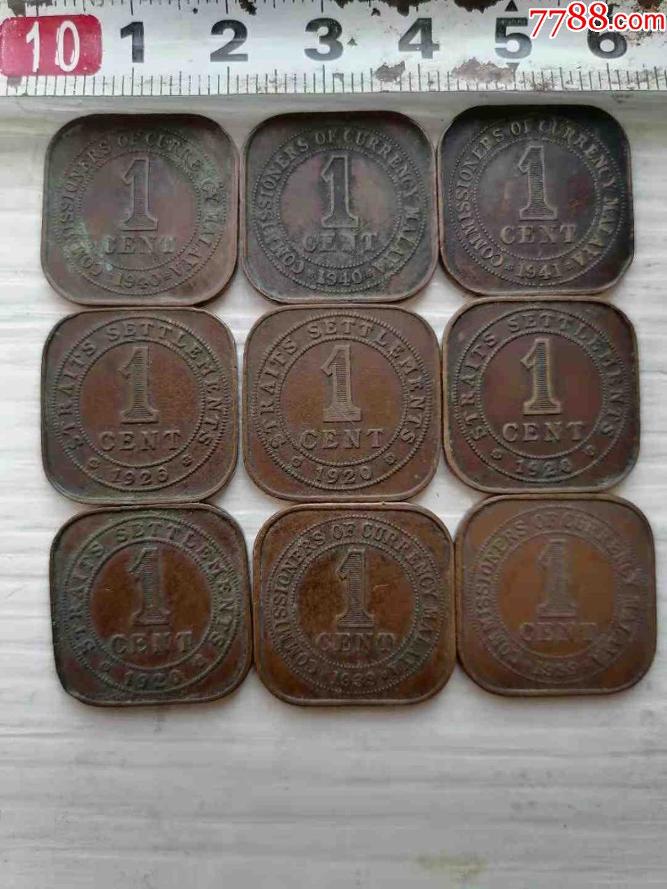 不知哪个国家的红铜币九枚,品相很好,有不同年份.包邮.