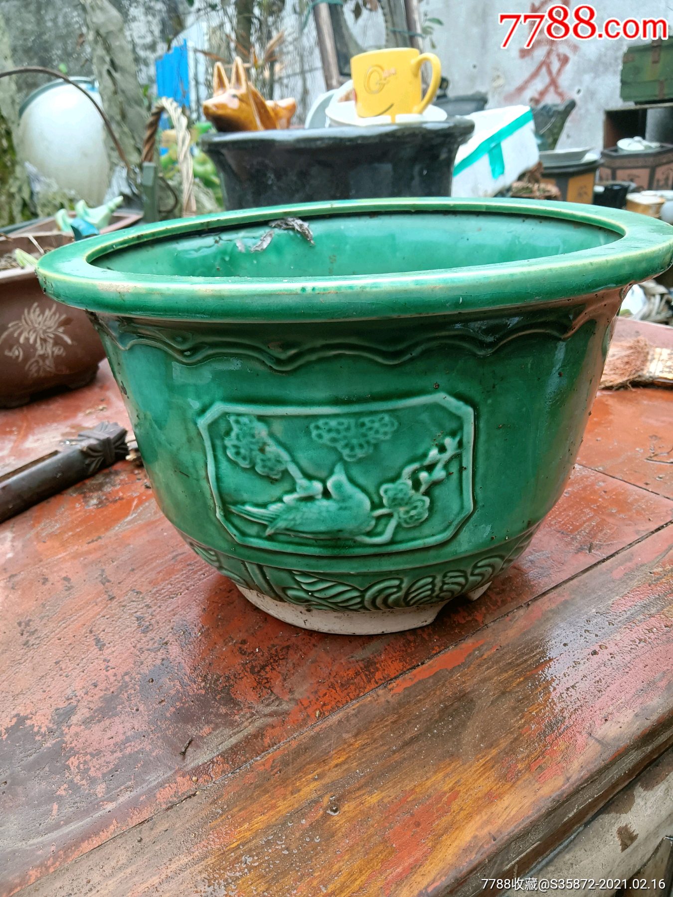 绿釉开窗诗画花盆