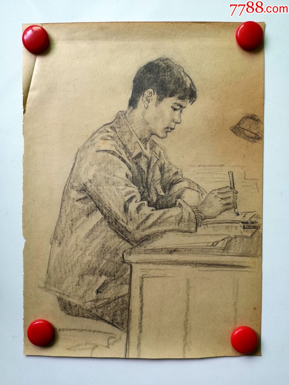 70年代末期素描速写画稿原稿《写字的男青年》