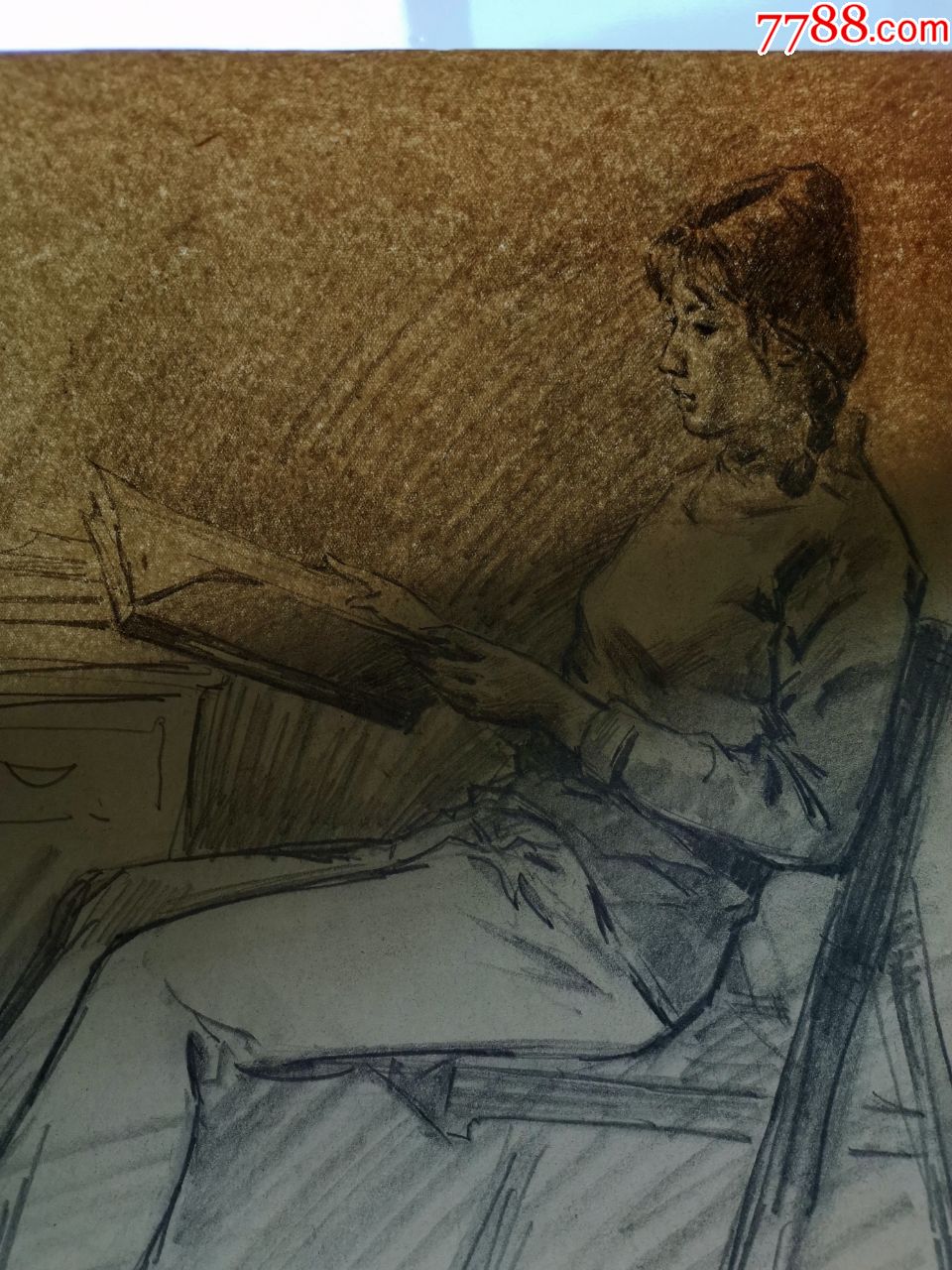 70年代末期素描速写画稿原稿《看书的女学生》