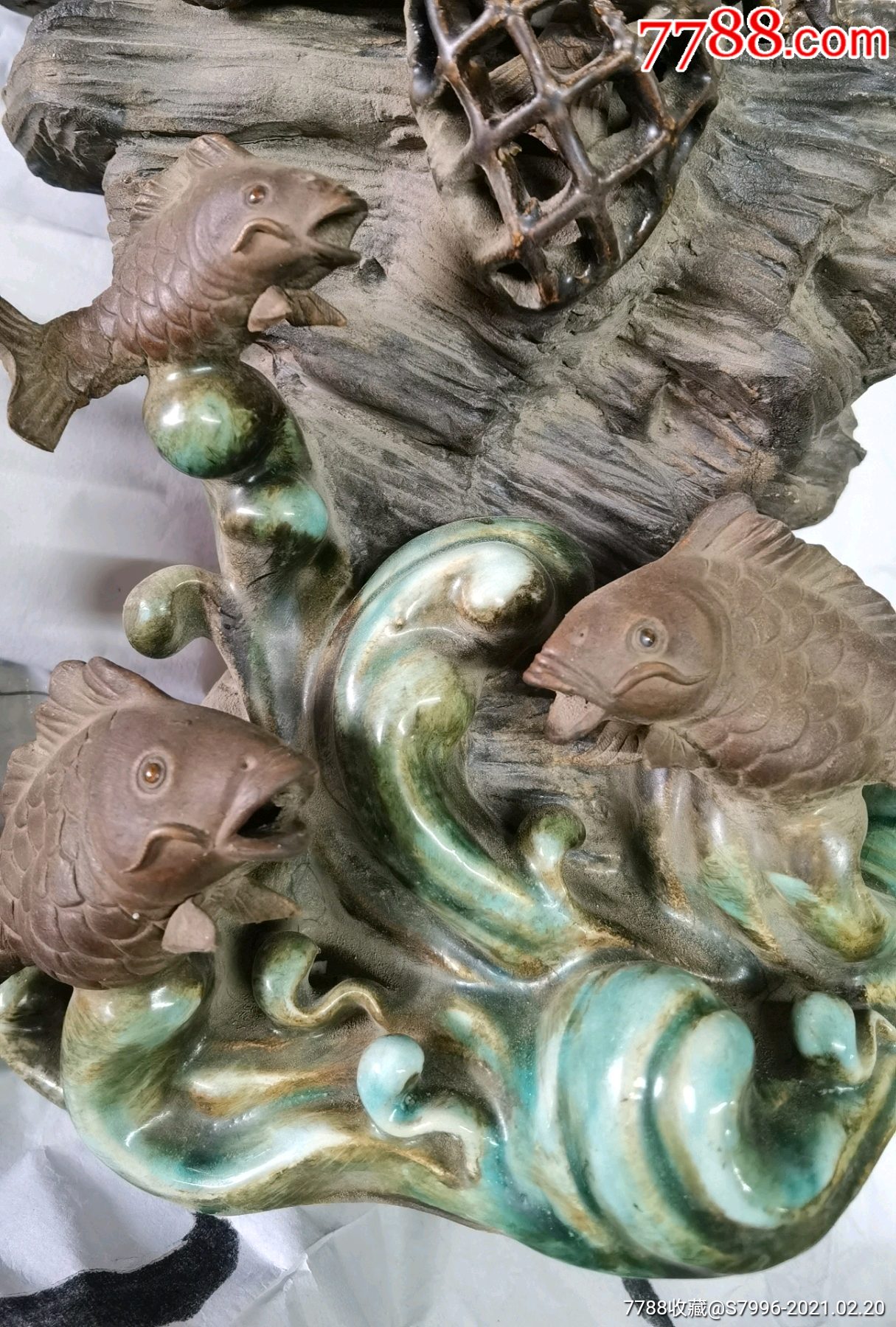 清代谢林生款石湾窑陶塑精品摆件渔翁得利