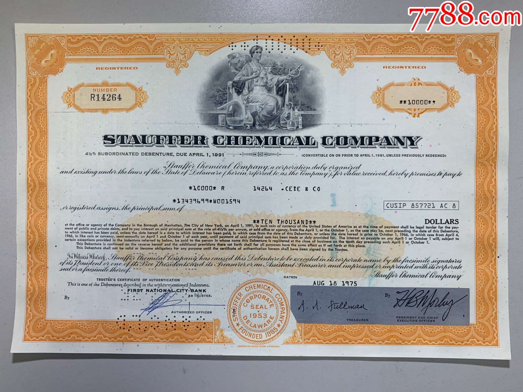 1975年(美国)斯塔夫化学公司债券桔黄色10000美元
