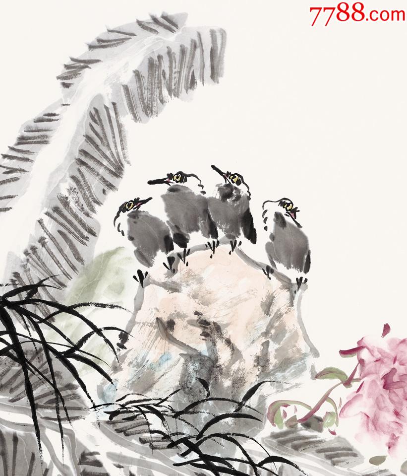 【保真】张老师,四尺整张横幅写意牡丹芭蕉画2《秋声》_花鸟国画原作