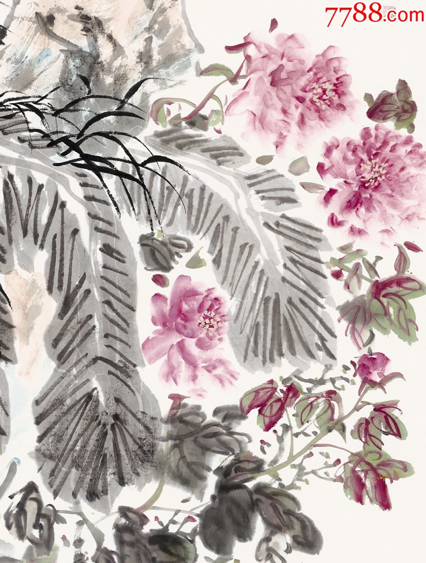 【保真】张老师,四尺整张横幅写意牡丹芭蕉画2《秋声》_花鸟国画原作