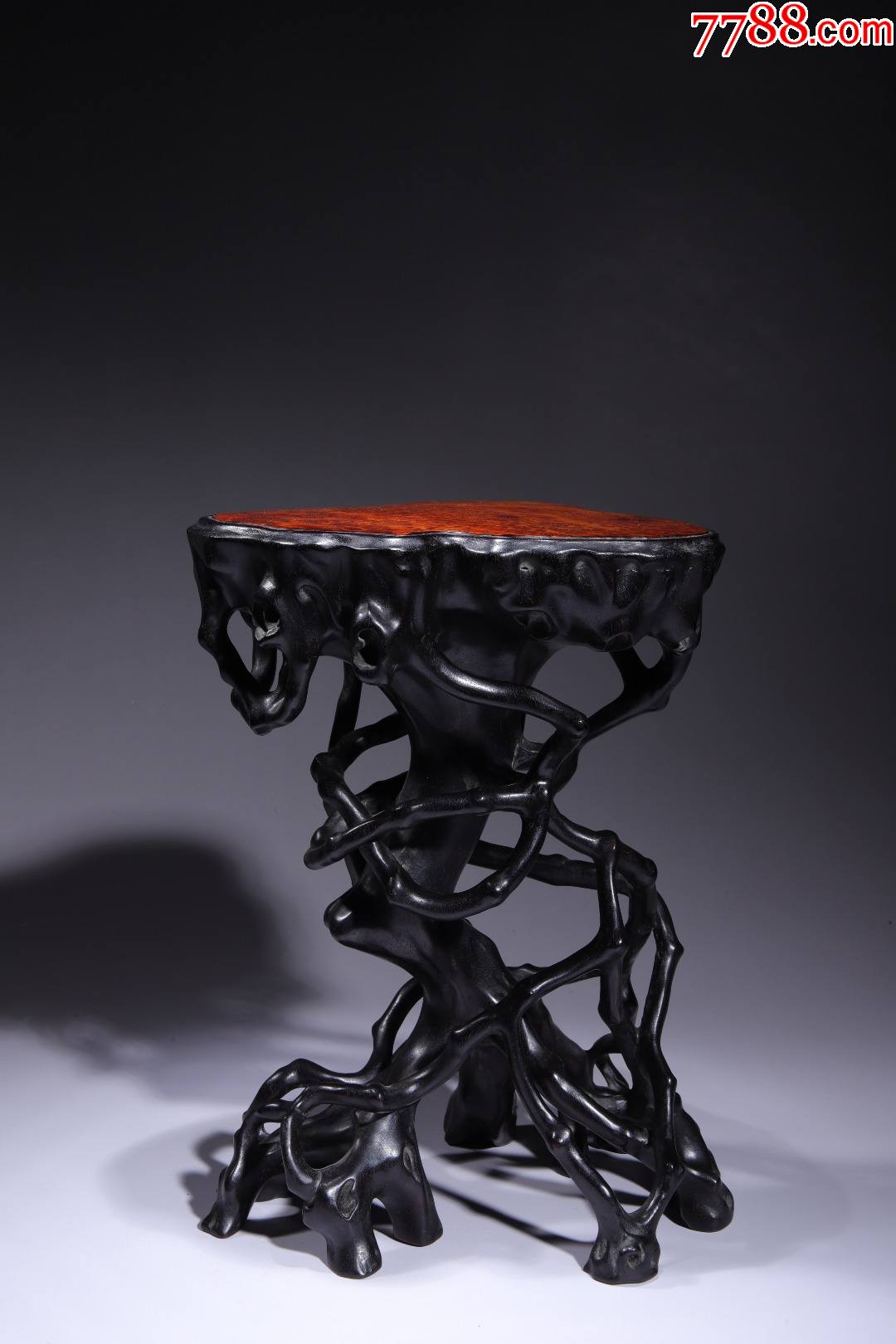 旧藏紫檀镶樱木榴根雕底座_木雕底座_第5张_7788陶器收藏