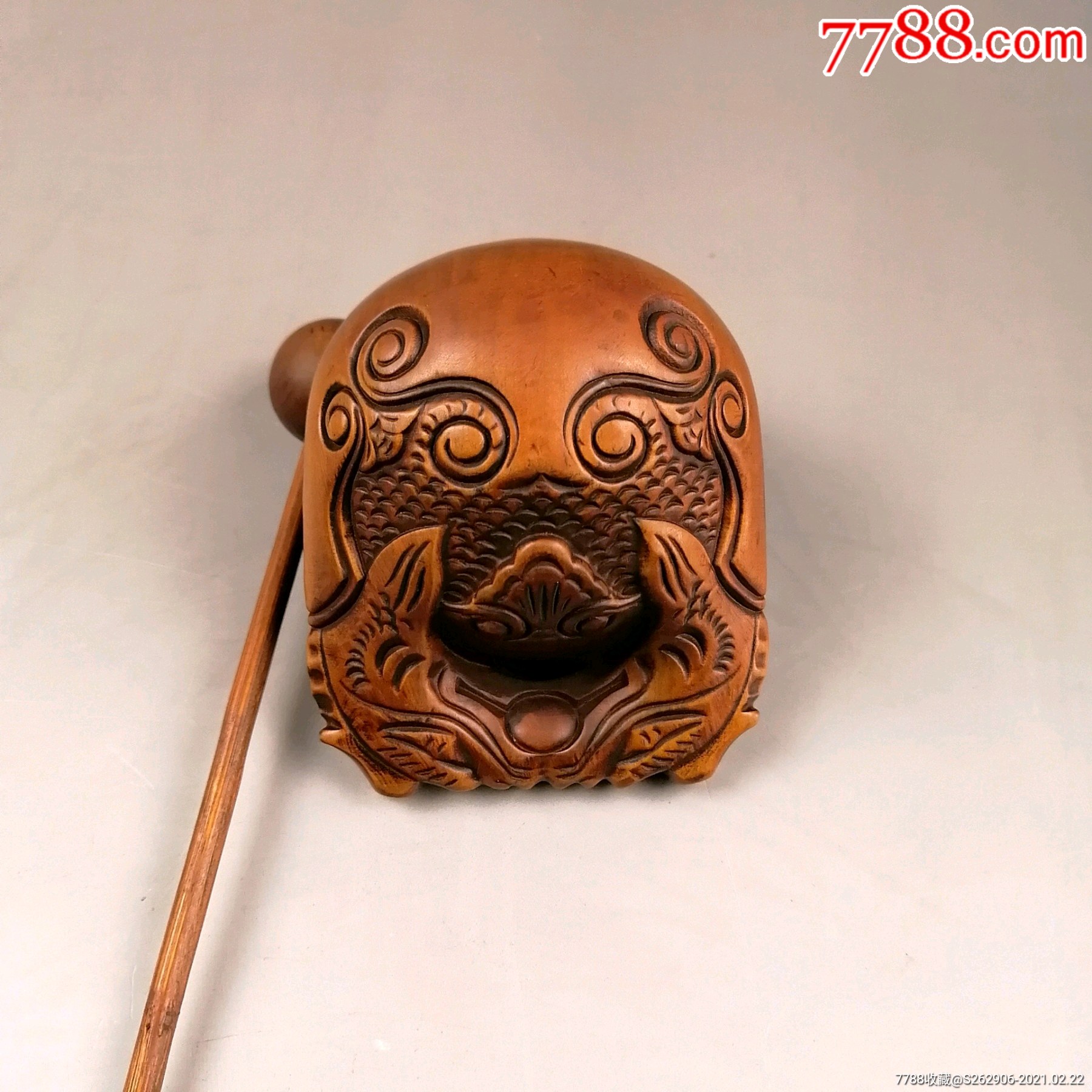 古玩旧藏黄扬木刻花木鱼