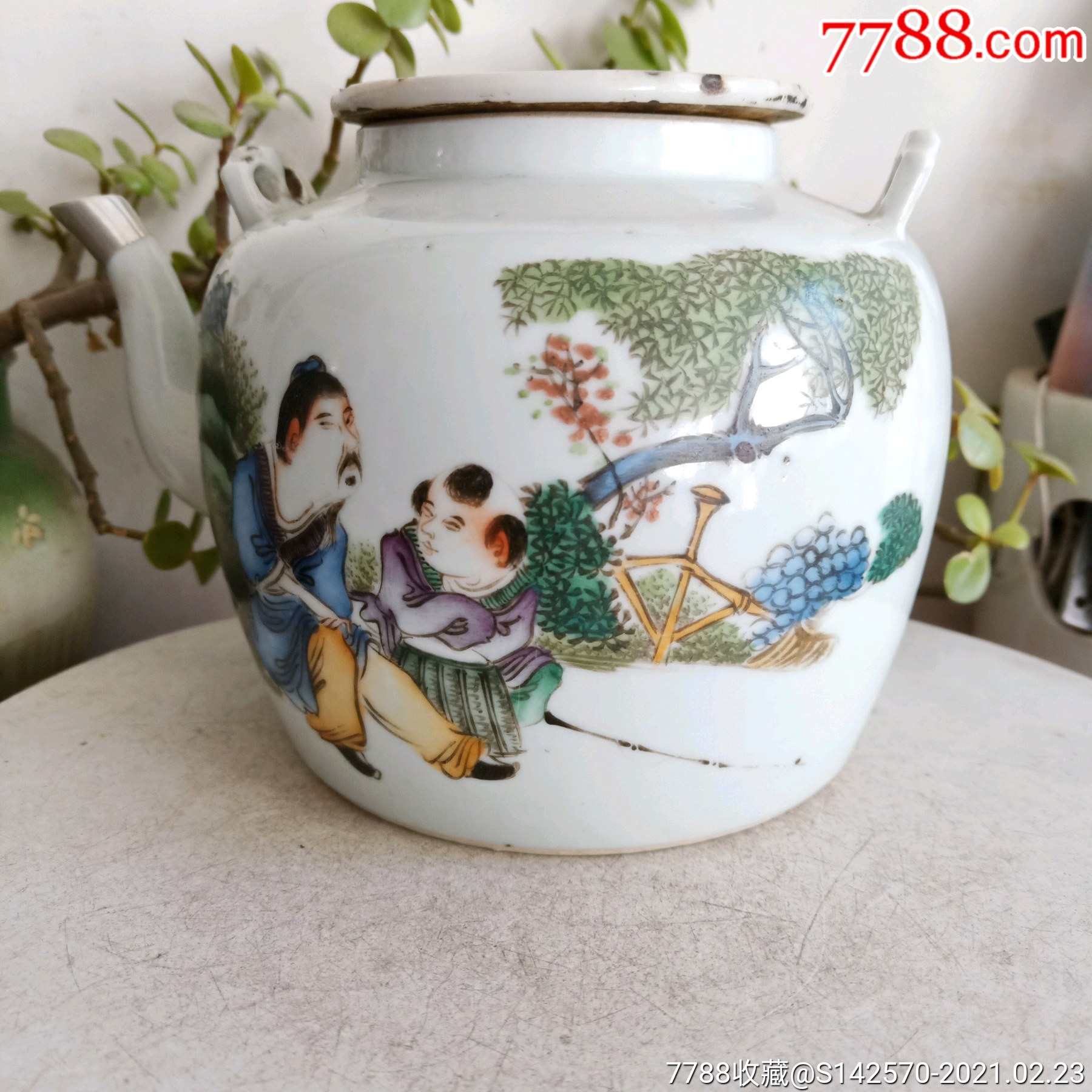 晚清名家吴少峰作品浅绛彩人物提梁壶如图保老保真