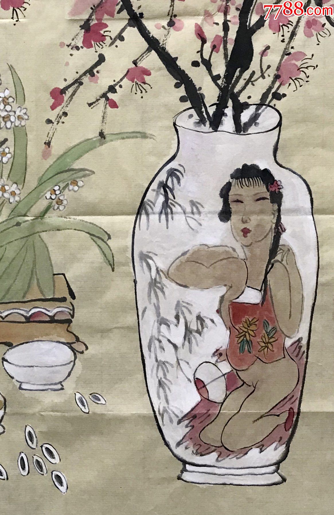 真迹李钊甘肃省美术家协会会员人物画小品1美人图江南春来早