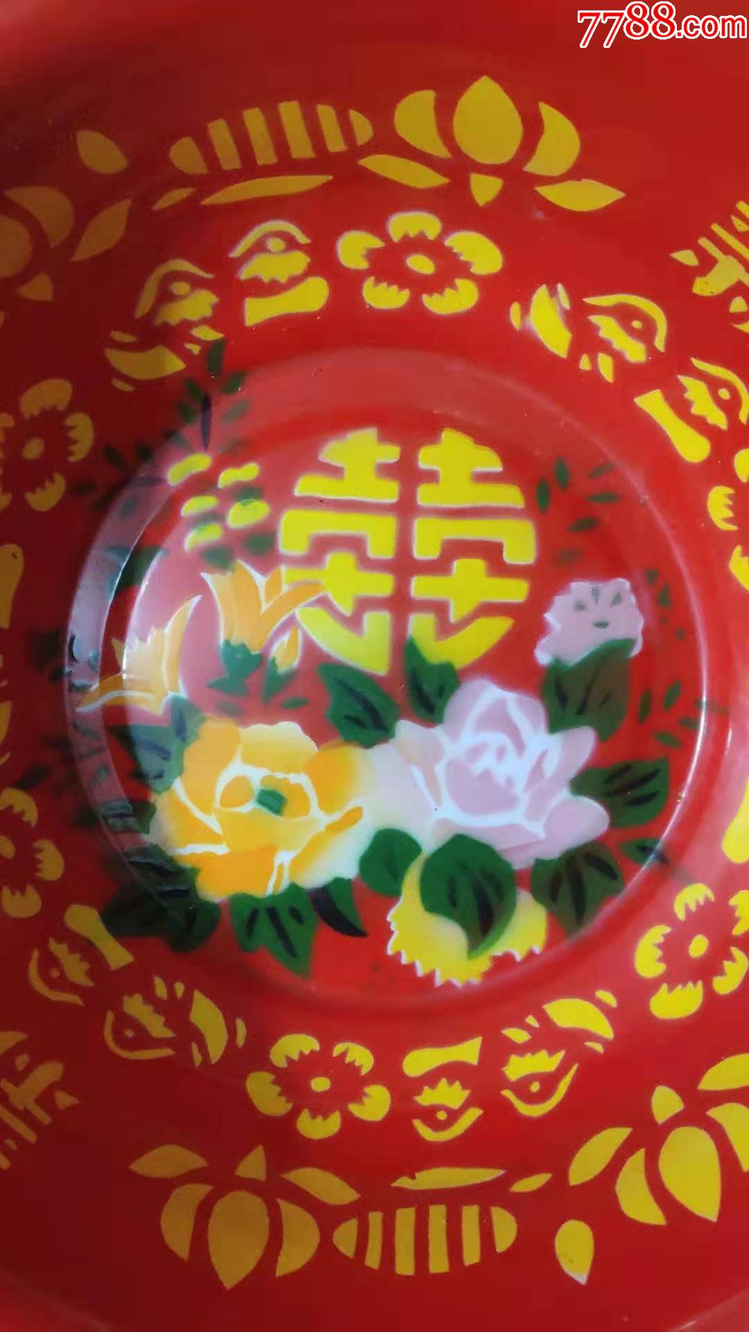 上世纪60-80年代中国制造新婚之喜花卉图案烤瓷搪瓷盆民俗老物品.